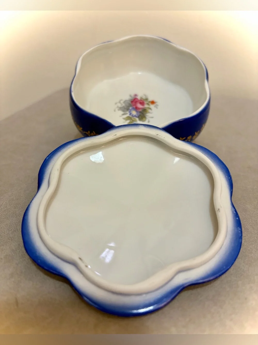 RS Prussia Reproduction Trinket Box Victorian Lovers Blue Gold Porcelain